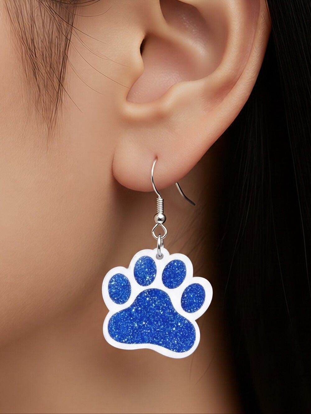 Blue White Paw Print Glitter Dangle Earrings Team Spirit Mascot Acrylic Game Day